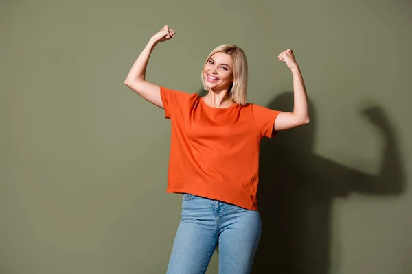 Photo Portrait Lovely Young Lady Raise Fists Winning Flex Muscles — Stock Photo, Image