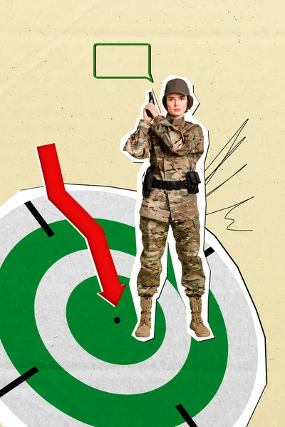Vertical Collage Image Serious Military Girl Hold Gun Arrow Pointer — Stock Photo, Image