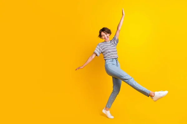 Full Length Portrait Positive Carefree Person Chilling Dancing Empty Space — Stock Photo, Image