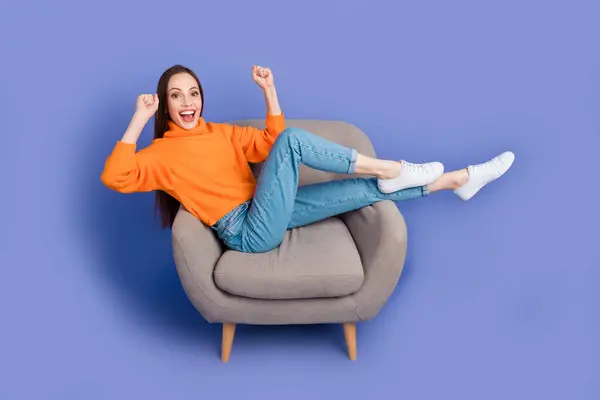 Full Body Photo Lady Knitted Jumper Lying Armchair Relaxing Watching — Stock Photo, Image
