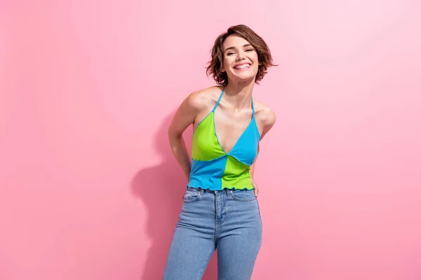 Photo Cheerful Positive Lady Wear Green Blue Tank Top Smiling — Stock Photo, Image