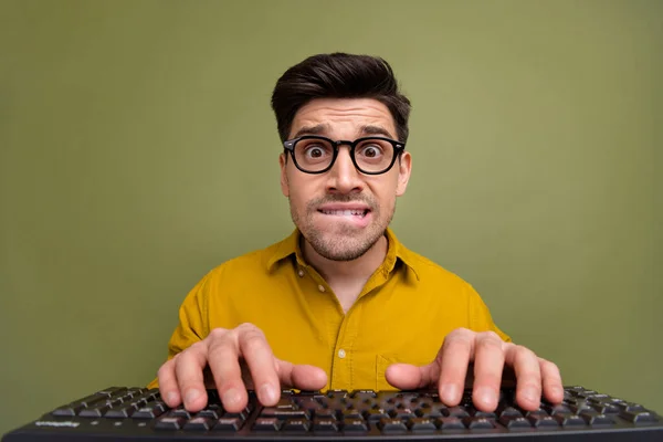 Photo Worried Man Hardware System Administrator Wear Yellow Stylish Clothes Stock Photo