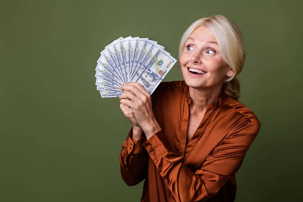 Portrait Impressed Person Blond Hair Wear Blouse Holding Dollars Staring — Stock Photo, Image