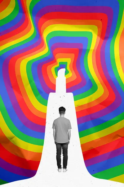 Vertical Creative Collage Image Young Man Look Hippie Rainbow Colors — Stock Photo, Image
