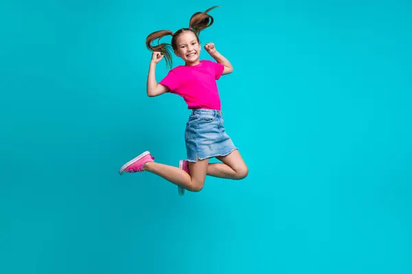 Full Size Photo Optimistic Positive Girl Dressed Pink Shirt Flying — Stock Photo, Image