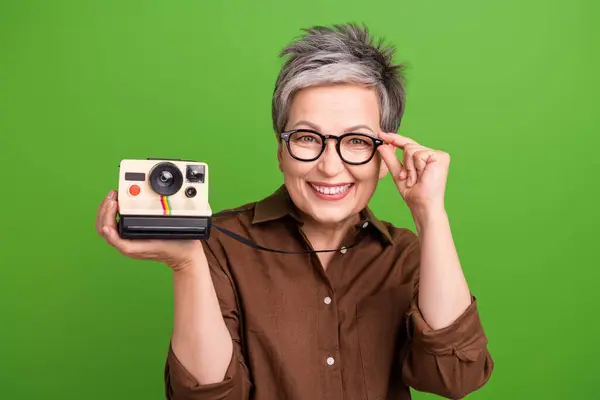 Photo Optimistic Woman Short Haircut Wear Brown Shirt Touch Glasses — Stock Photo, Image