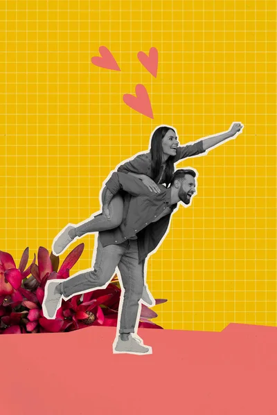 正夫妇背负超级英雄约会观念情人节幻想广告牌上的复合拼贴图片 — 图库照片