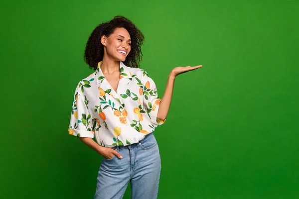 Photo of cute dreamy lady wear print shirt smiling looking holding arm empty space isolated green color background.