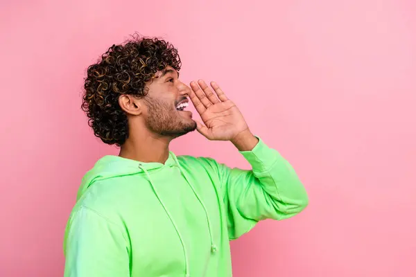Side Photo Funny Young Guy Brown Curly Hair Wearing Green — Stock Photo, Image