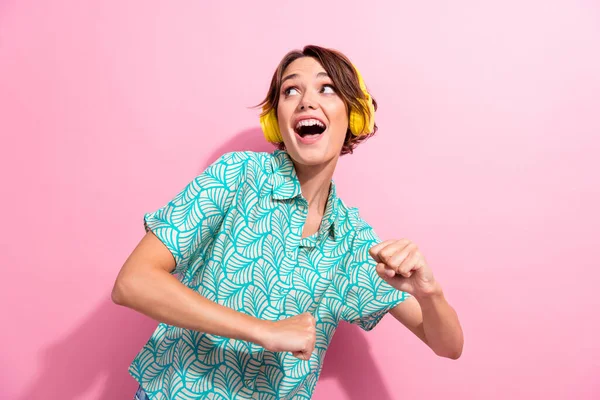 Photo Pretty Cheerful Girl Enjoy New Playlist Headphones Dancing Chilling — Stock Photo, Image