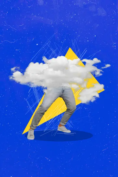 Creative picture artwork collage of faceless person student dancing with head clouds deep imagination isolated on blue color background.
