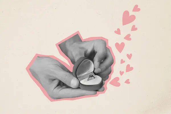 Collage picture of black white colors arms hold opened engagement ring proposition box painted heart symbols isolated on beige background.