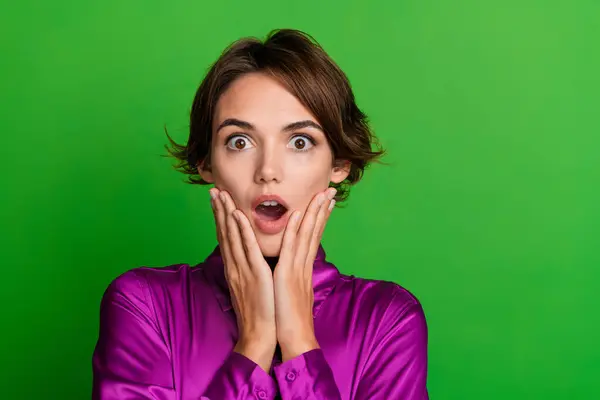 Photo Terrified Impressed Lady Open Mouth Hands Touch Face Cheeks — Stock Photo, Image