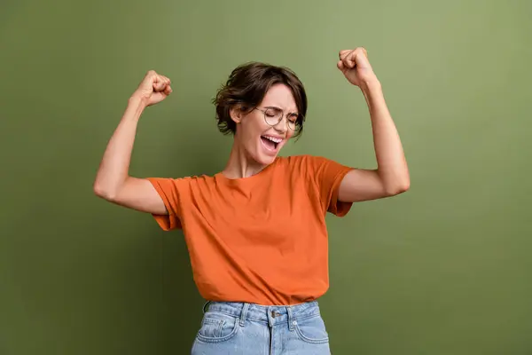 Photo Young Craziest Funny Successful Businesswoman Fists Screaming Hooray Phrase — Stock Photo, Image