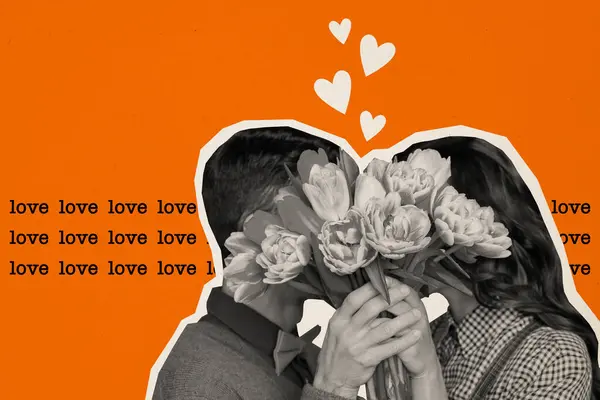 Composite collage picture image of positive couple cover hide face kiss flowers dating concept valentine day fantasy billboard comics zine.