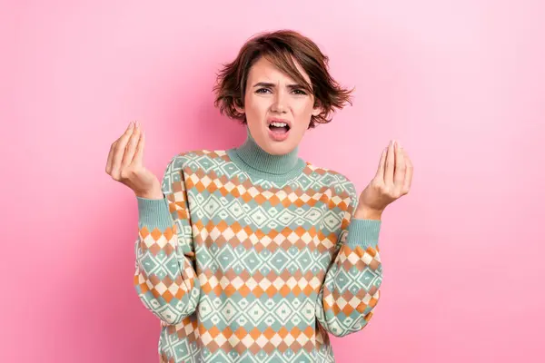 Photo Aggressive Furious Funny Bossy Young Frowning Girl Hands Raise — Stock Photo, Image