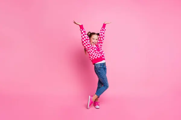 Porträt Eines Überglücklichen Mädchens Mit Flatternden Pferdeschwänzen Trägt Print Pullover — Stockfoto