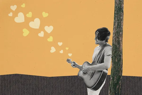 黑白色效果人瘦树弹奏声吉他唱情歌彩绘心形分离在橙色背景下的艺术品拼贴图像 — 图库照片