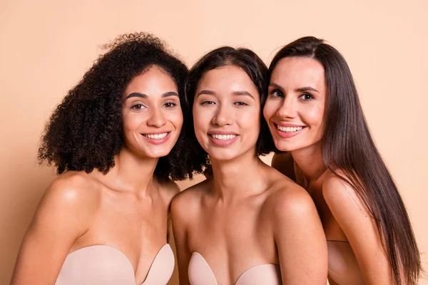 Studio Photo Positive Cheerful Ladies Dressed Lingerie Filter Skin Smiling — Stock Photo, Image