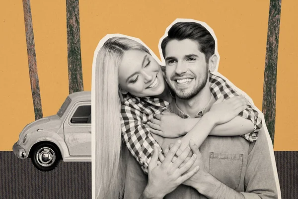 Creative Collage Picture Two Cheerful Lovely Partners Cuddle Auto Trip — Stock Photo, Image