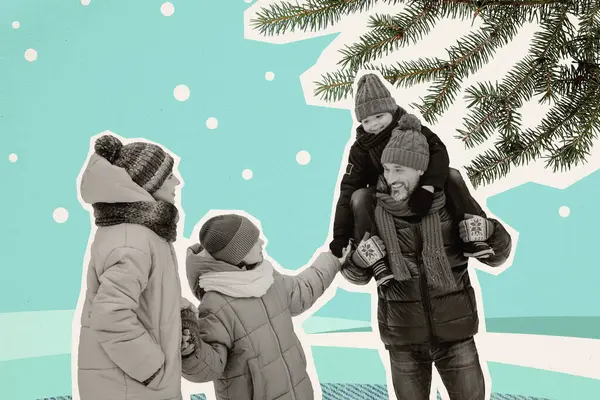 Collage Porträt Von Schwarz Weiß Effekt Eltern Gehen Kinder Halten — Stockfoto