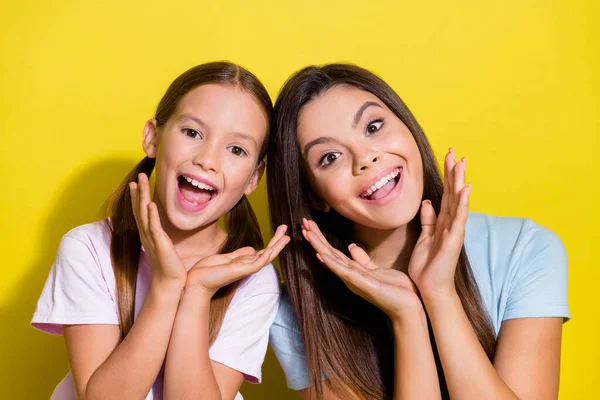 Photo Positive Excited Small Siblings Dressed Shirts Arms Cheeks Having — Stock Photo, Image
