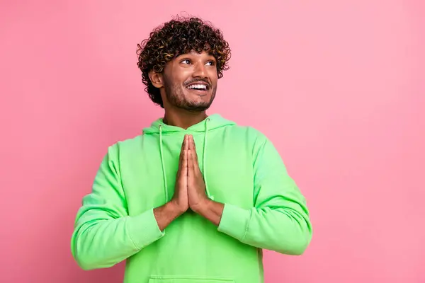 Portrait Excited Happy Young Man Clasped Palms Looking Empty Space — Stock Photo, Image