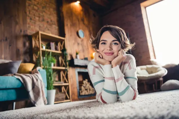 Full Length Portrait Adorable Positive Person Laying Carpet Floor Arms — Stock Photo, Image