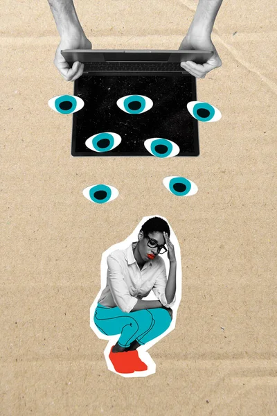 Disegno Collage Poster Occhi Umani Guardando Guardando Osservando Infelice Donna — Foto Stock