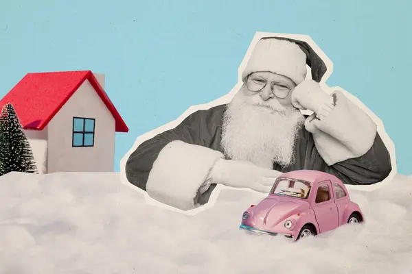 Collage Porträt Von Schwarz Weiß Effekt Großvater Weihnachtsmann Schnee Mini — Stockfoto