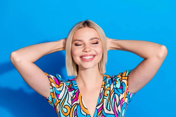 Portrait Relaxed Satisfied Girl Wear Stylish Shirt Holding Arms Head — Stock Photo, Image