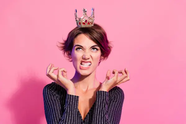 Photo Furious Angry Girl Dressed Glamour Clothes Tiara Showing Teeth — Stock Photo, Image