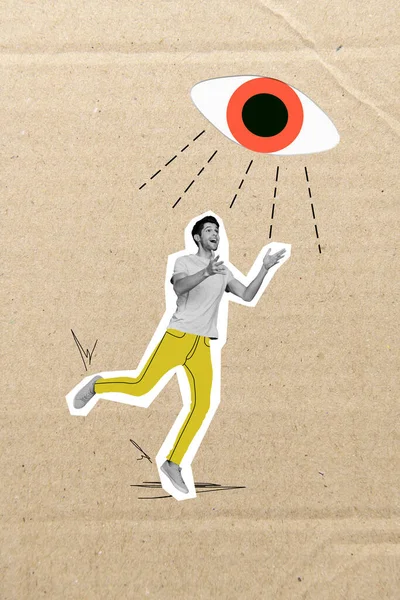 Placard Collage Image Big Human Eye Watching Funky Joyful Man — Zdjęcie stockowe