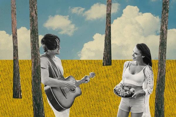 Kreative Collage Bild Von Schwarz Weißen Farben Kerl Spielen Gitarre — Stockfoto