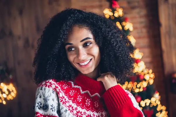 Portrait of pretty lovely lady toothy smile hand touch pullover collar christmas tree illumination apartment inside.