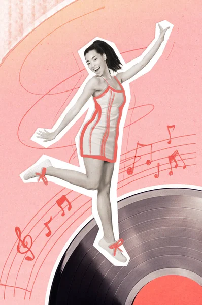 Vertical creative poster illustration dark hair dancing happy young girl retro style vintage music party vinyl pink background.