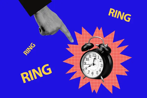 有创意的拼贴图片说明人类的手点显示闹钟时间截止期 工作时间 工作时间 工作时间 — 图库照片