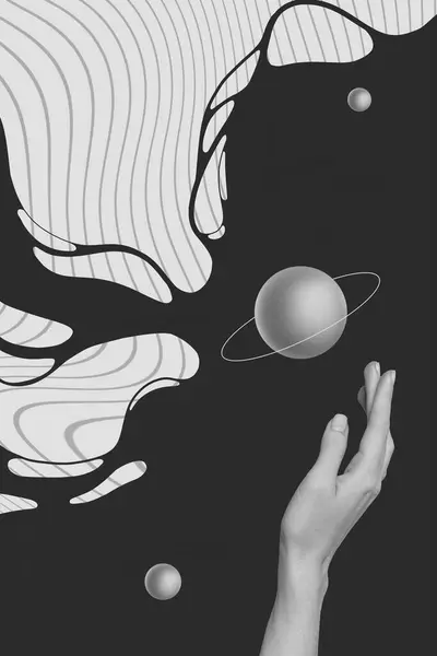 Black and white filter collage image of virtual cyber simulation saturn planets stars in planetarium.