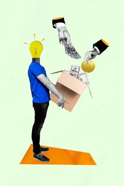 アイデアを持っている若いスマートな男の垂直な表面的な写真コラージュと彼のビジネス電球のアイデアを孤立させた資金調達 — ストック写真