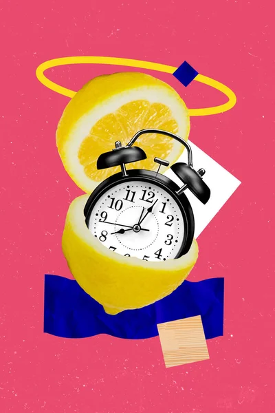 Collage Pinup Pop Retro Schets Beeld Van Vintage Klok Citrusvruchten — Stockfoto