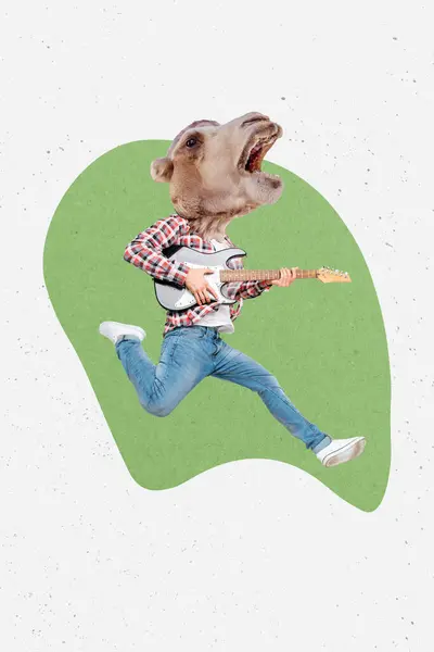 垂直拼贴创意海报无头荒谬滑稽漫画骆驼跳跃弹奏电吉他摇滚面具绿色斑点白色背景 — 图库照片