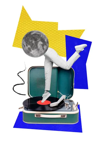 Творческий Фотоколлаж Танцующим Старом Школьном Винтажном Виниловом Магнитофоне Безголовым Человеком — стоковое фото