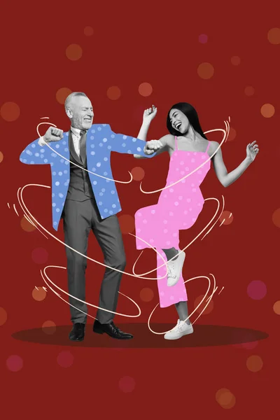 Vertical collage creative picture poster banner excited funky couple mature man young lady dancing have fun celebrate event red background.