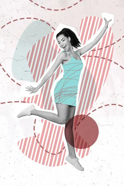 垂直コラージュイラストポスターを楽しむアジアの幸せな若い女性ダンスポーズクラブナイトライフ音楽リラックスカオスフィギュアストロークバック — ストック写真
