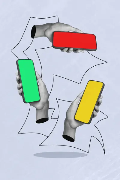 Vertical Colagem Criativa Imagem Efeito Monocromático Três Mãos Humanas Segurar — Fotografia de Stock