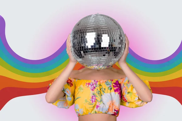 Horizontal creative photo collage of headless girl with disco ball instead concept of party clubbing vibe leisure on rainbow background.