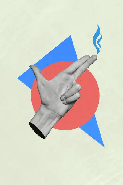Collage Vertical Creativo Cartel Efecto Monocromo Mano Mostrar Arma Dedo —  Fotos de Stock