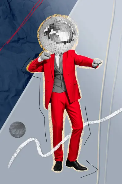 Creative vertical illustration banner poster retro headless dancing man red retro suit discoball instead face party dancehall celebrate.
