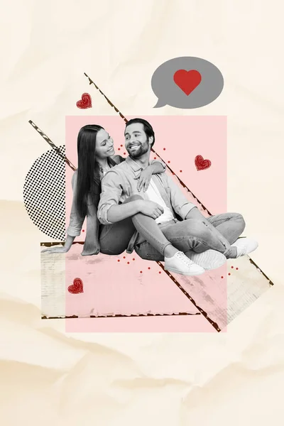 Pionowe Grafika Plakat Kolaż Siedzi Radosna Para Miłość Związek Uczucie — Zdjęcie stockowe