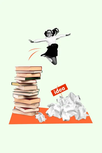 Vertical surreal funny photo collage of small school girl jump from stack of big books to bunch of crumpled paper idea solution concept.